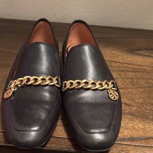 Tory Burch Black Leather Loafers with Gold Chain